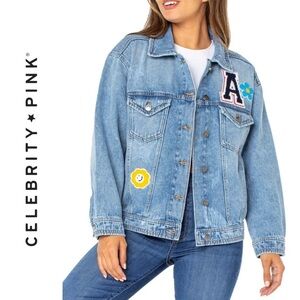 Y2K Celebrity Pink Patch Denim Jacket Varsity A Smiley Small NWT